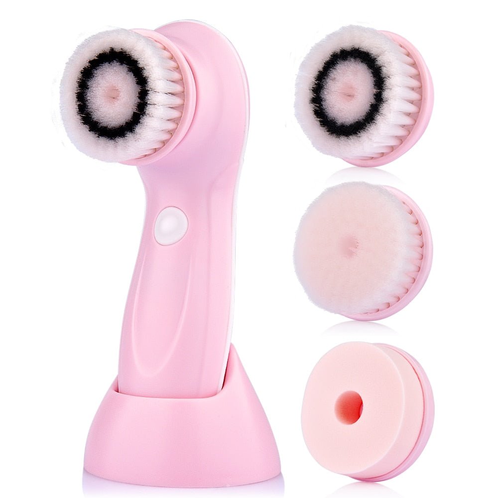 Image of a 3-in-1 electric facial cleanser brush, a skincare tool enhancing skin tone beauty routine